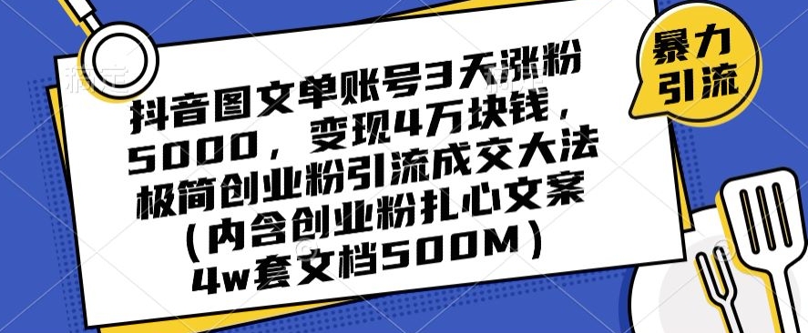 抖音图文单账号3天涨粉5000，变现4万块钱，极简创业粉引流成交大法 - 白戈学堂-<a href=