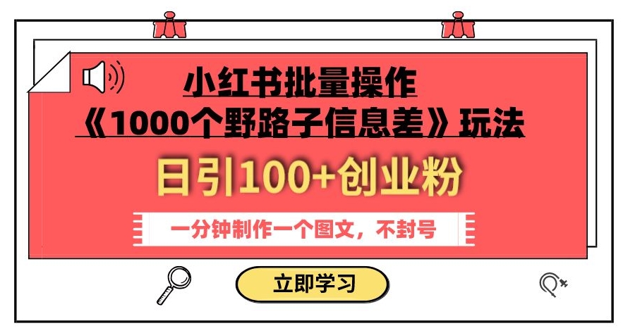 小红书批量操作《1000个野路子信息差》玩法，一分钟制作一个图文，不封号，日引100+创业粉 - 白戈学堂-<a href=