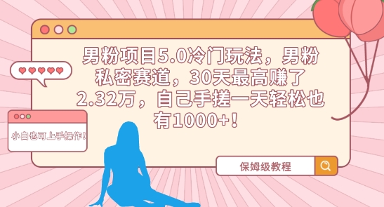 男粉项目5.0冷门玩法，男粉私密赛道，30天最高赚了2.32万，自己手搓一天轻松也有1000+ - 白戈学堂-<a href=