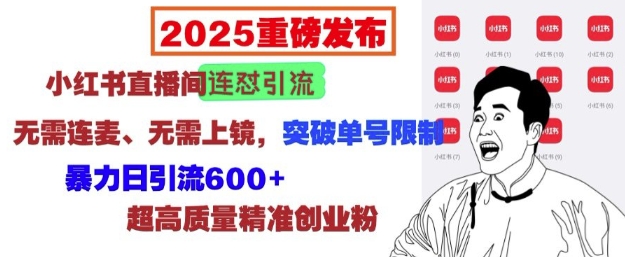 2025重磅发布：小红书直播间连怼引流，无需连麦、无需上镜，突破单号限制，暴力日引流600+-白戈学堂